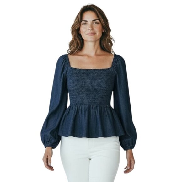 J. Crew Tops - J. Crew Womens Puff-Sleeve Chambray Smocked Top S Blue Peplum Peasant Boho BE570